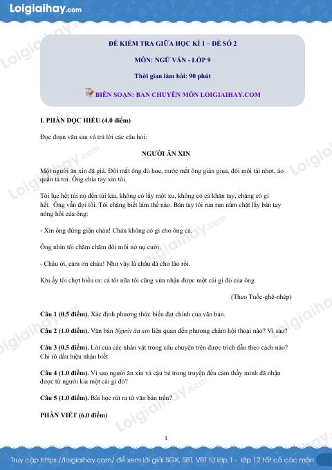 Đề thi giữa kì 1 Văn 9 - Đề số 2